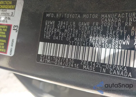 2013 Toyota Corolla Le from USA, damaged, VIN 2T1BU4EE1DC109684